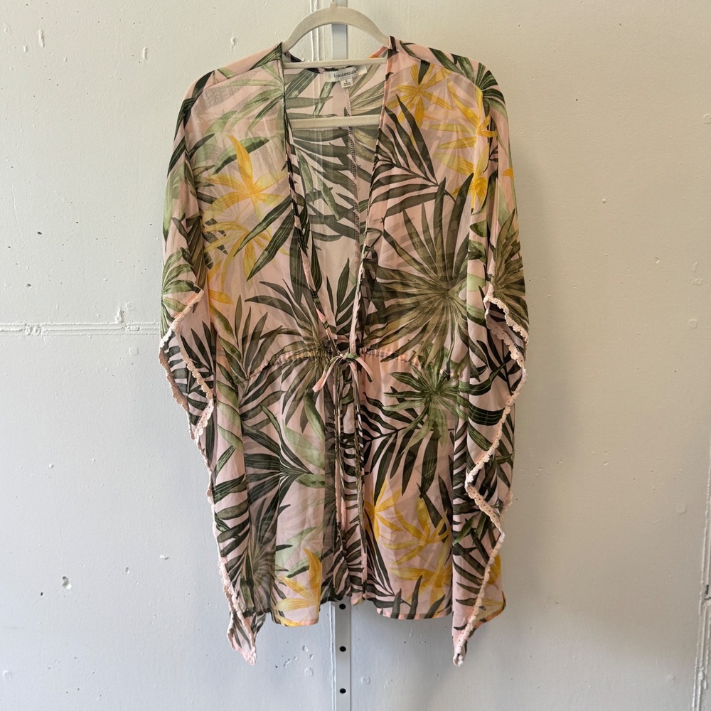 Francescas Tropical Palm Leaf Sheer Swim Cover Up Pink Green‎ Small Crochet Trim